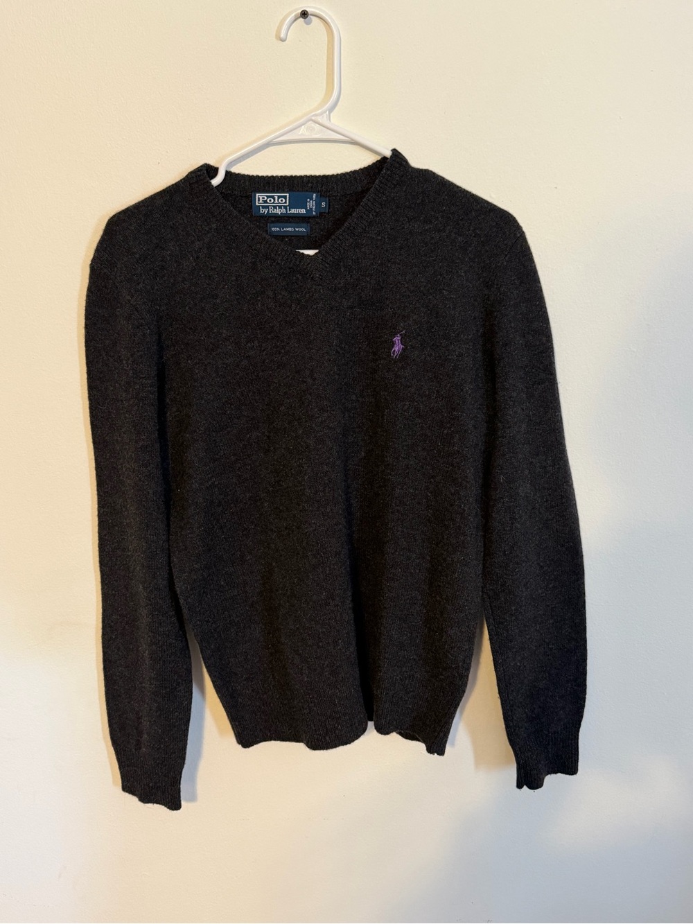 Polo by Ralph Lauren Mens Gray V-Neck Lambswool Knit Pullover Pony Logo Small